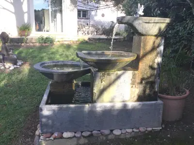 a water fountain in the middle of a yard at 1 chambre 1 cuisine & salle d'eau privées avec piscine et jacuzzi in Eyragues