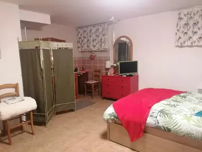 a bedroom with a bed and a desk and a television at Les chênes du lac in Saint-Saturnin-les-Apt