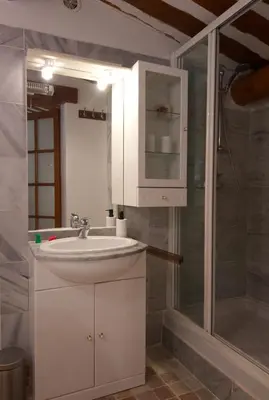 a bathroom with a sink and a shower at Catherine&Martial in Maubec