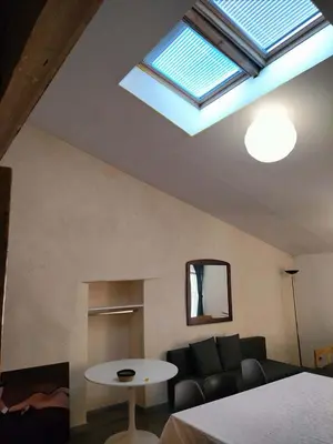 a living room with a couch and a skylight at GitesLuberon 3 in Charleval