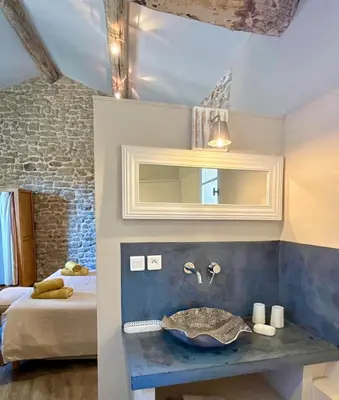 a bathroom with a sink and a bed and a mirror at Le Mas de Cabrières in Cabrières-dʼAvignon
