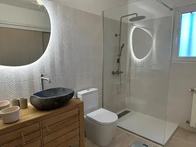 a bathroom with a sink and a toilet and a shower at 4 bedroom villa, private pool and garden in Cabrières-dʼAvignon