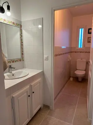 a bathroom with a sink and a toilet at 4 bedroom villa, private pool and garden in Cabrières-dʼAvignon