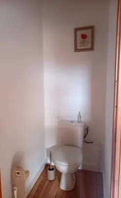 a bathroom with a toilet with a picture on the wall at La poumo d'amour in La Tour-dʼAigues
