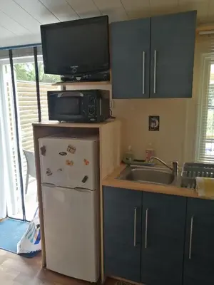 a kitchen with a refrigerator and a microwave and a sink at mobil home chez ANIK & ALAIN in La Roque-dʼAnthéron