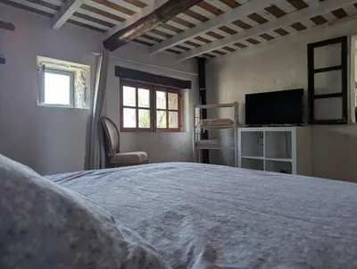 a bedroom with a bed and a tv and a window at La Bergerie de Lorette - Au Cœur du Luberon in Bonnieux