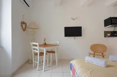 a room with a bed and a table and a tv at Studio Romarin in La Fare-les-Oliviers