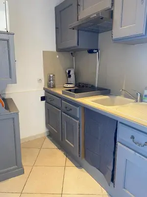 a kitchen with blue cabinets and a sink at appartement de charme in Lançon-Provence