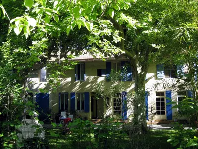 an old house with blue shutters and a tree at Mas De La Pomme De Pin in Noves