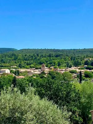 a view of a town from a hill with trees at La maison de Flassan chic et sport in Flassan