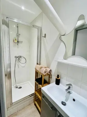 a bathroom with a sink and a shower at Charme unique sous les remparts in Châteauneuf-de-Gadagne