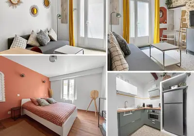 a collage of photos of a room with a bed and a kitchen at Grand appartement spacieux et lumineux à Noves in Noves