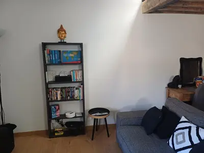 a living room with a book shelf filled with books at Maison privée billard spa dans village du Luberon in Cabrières-dʼAigues