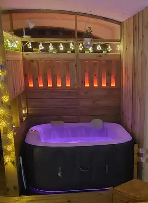 a purple bath tub in a room with lights at Maison privée billard spa dans village du Luberon in Cabrières-dʼAigues