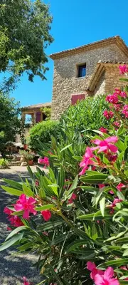 a garden with pink flowers in front of a building at La BERGERIE in Pélissanne