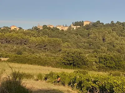 a field with trees and houses on a hill at Petit gîte et Grande piscine in Blauvac