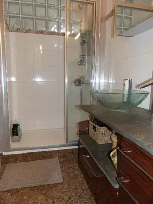 a bathroom with a glass sink and a shower at Agréable appartement Montfavet Avignon in Avignon
