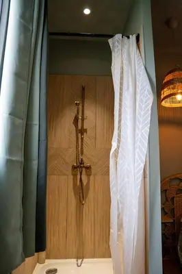 a room with a shower with a curtain and a window at La Maison PP - Appartements in Carpentras