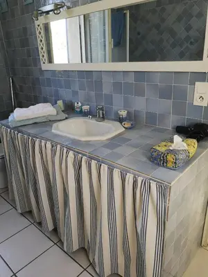 a bathroom with a sink and a mirror at Chambre d'hôte à Pierrevert, en Haute Provence in Pierrevert