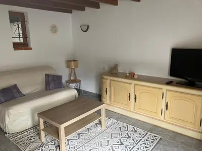 a living room with a couch and a flat screen tv at Les Vignes in Maubec