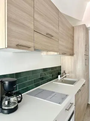 a kitchen with wooden cabinets and a white sink at Charmant T2 à deux pas du cours Mirabeau in Aix-en-Provence