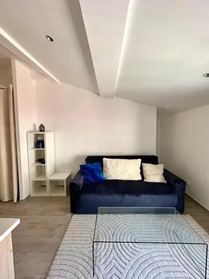 a living room with a blue couch in a room at Charmant T2 à deux pas du cours Mirabeau in Aix-en-Provence