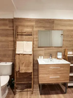 a bathroom with a sink and a toilet and a mirror at Cosy Cœur Alpilles, T2 neuf in Aureille