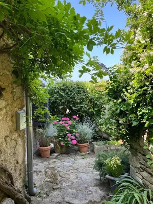 a garden with potted plants and flowers at Chez Marthe - Maison de village - Ménerbes centre in Ménerbes