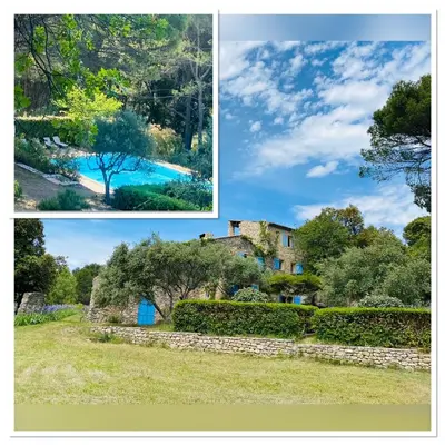 a collage of three pictures of a house and a yard at Bastide de Bénezet in Mérindol