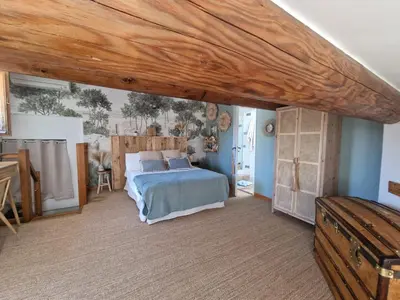 a bedroom with a bed and a wooden ceiling at Magnifique maison de ville avec piscine au cœur de la Provence in Salon-de-Provence