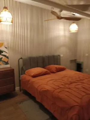 a bedroom with a bed with an orange comforter at Maison de Charme Rénovée 3 Chbres Hyper Centre Historique in LʼIsle-sur-la-Sorgue