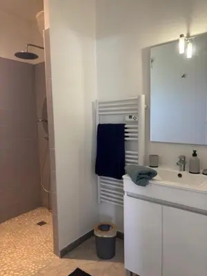 a bathroom with a sink and a mirror at 
