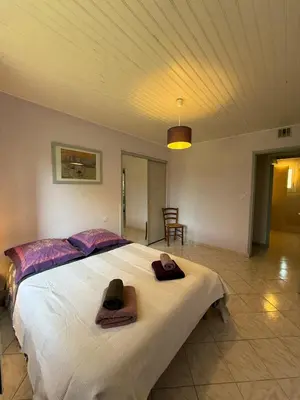 a bedroom with a large bed with towels on it at Maison Tamaris in LʼIsle-sur-la-Sorgue