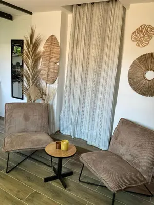 a living room with two chairs and a table at Les Elles du Moulin Avec Piscine in Vedène