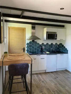 a kitchen with a wooden table and a counter top at Les Elles du Moulin Avec Piscine in Vedène