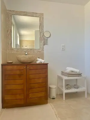 a bathroom with a sink and a mirror at Chambre L in Les Taillades