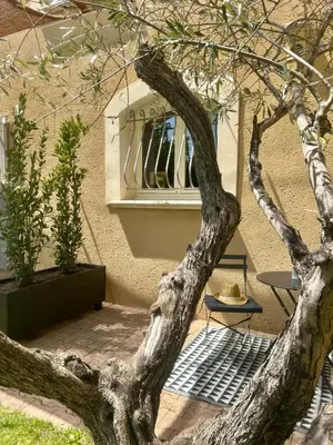 a tree in front of a building with a window at Chambre L in Les Taillades