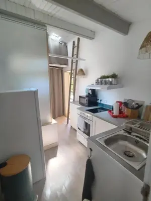 a kitchen with a sink and a stove top oven at La Ch'tite Maison in Céreste