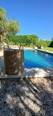 a basket is sitting next to a swimming pool at Villa de charme à Cucuron au pied du luberon in Cucuron