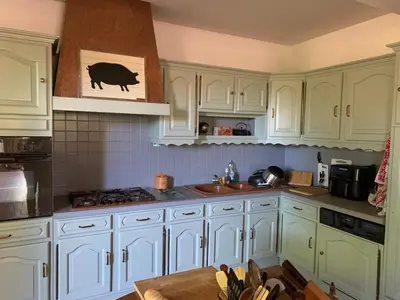 a kitchen with white cabinets and a pig picture on the wall at Villa Sainte BARBE in Loriol-du-Comtat