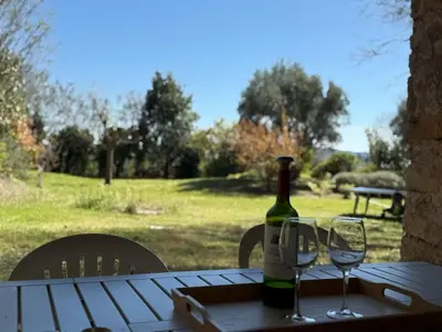 a bottle of wine sitting on a table with two glasses at Bastide Neuve au Cœur du Luberon - Piscine Privée in Lauris