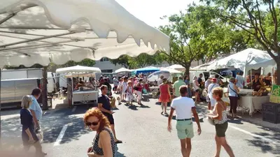 a crowd of people walking around an outdoor market at Gite Le Petit Luberon LISIANTHUS in Cabrières-dʼAvignon