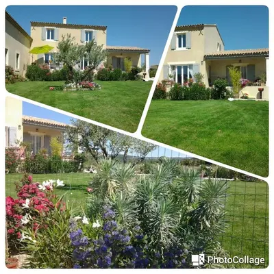 four pictures of a yard with a house and flowers at Gite Le Petit Luberon LISIANTHUS in Cabrières-dʼAvignon