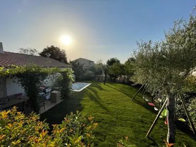 a backyard with a pool and trees and a house at Quiet house in provence in Lauris