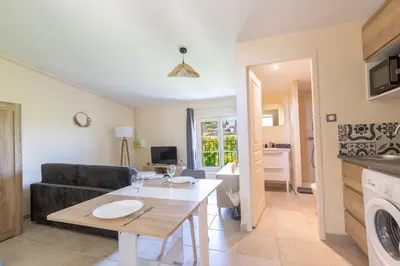 a living room with a table and a couch at Le Romarin - Hypercentre Studio - Clim - WiFi in Apt