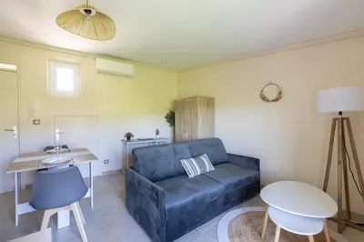 a living room with a blue couch and a table at Le Romarin - Hypercentre Studio - Clim - WiFi in Apt