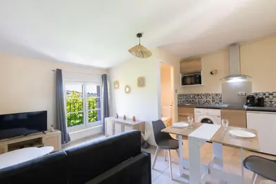 a kitchen and living room with a couch and a table at Le Romarin - Hypercentre Studio - Clim - WiFi in Apt