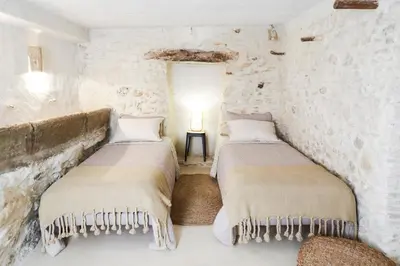 two beds in a room with stone walls at La Grande Bergerie in Saint-Saturnin-les-Apt