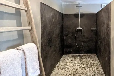 a bathroom with a shower and two bunk beds at La Grande Bergerie in Saint-Saturnin-les-Apt