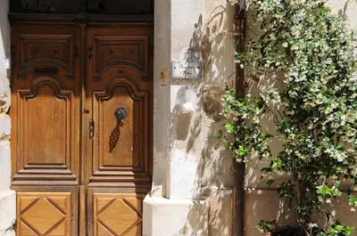 a wooden door on a building with a plant at Les Chambres De Charlotte in Cucuron